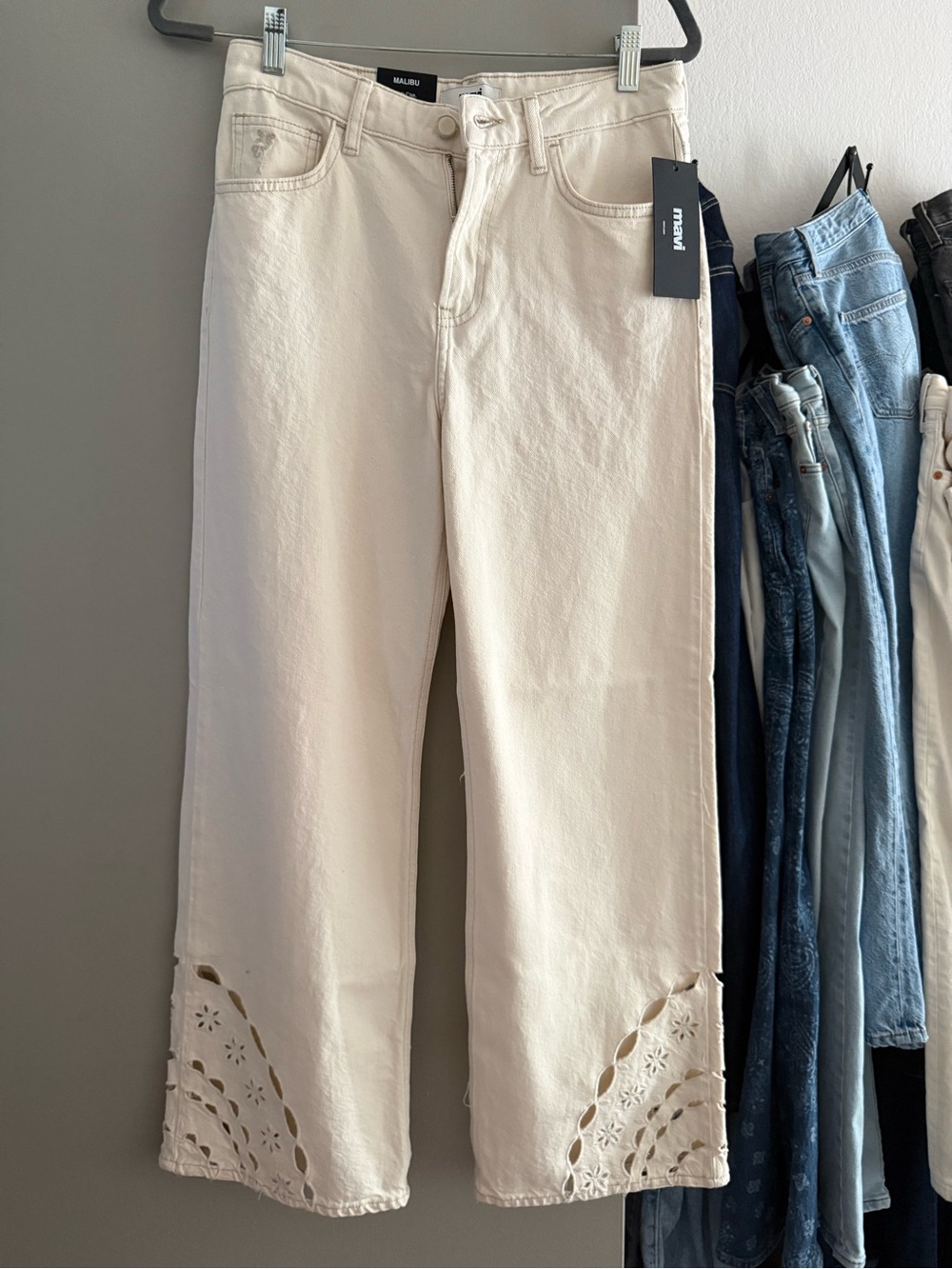Mavi Cream Eyelet-Hem Wide Leg Jeans